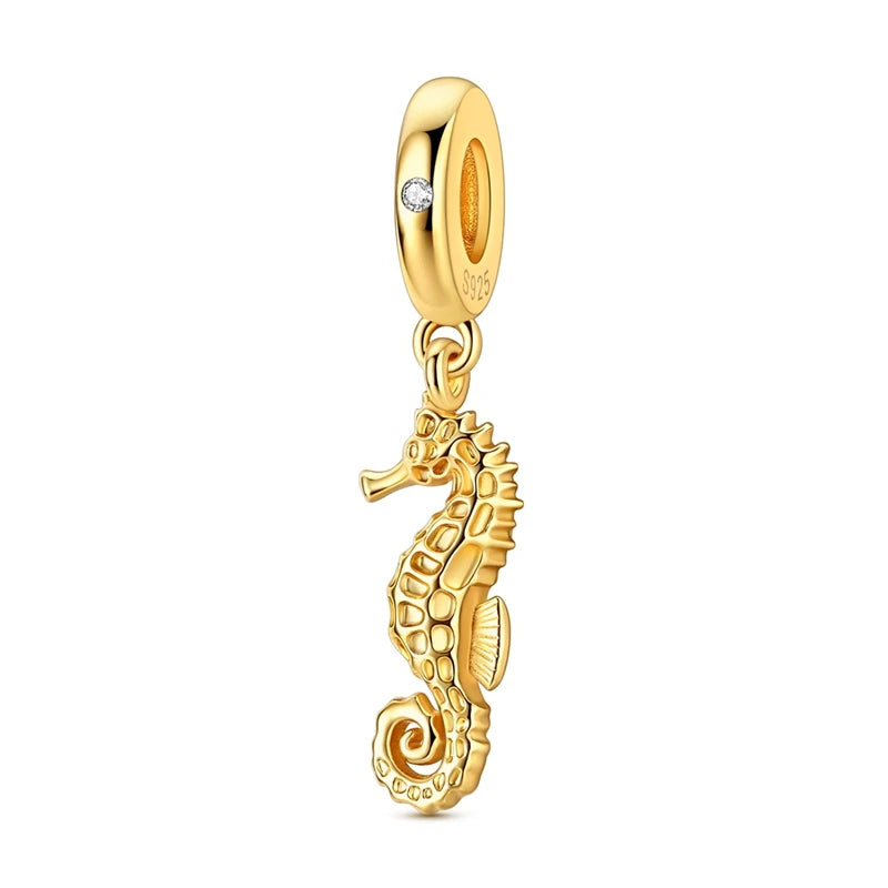 925 Sterling Silver Charms Bead CZ Zircon Gold Seahorse Dangle Fit Original Bracelet DIY Women Jewelry Gift