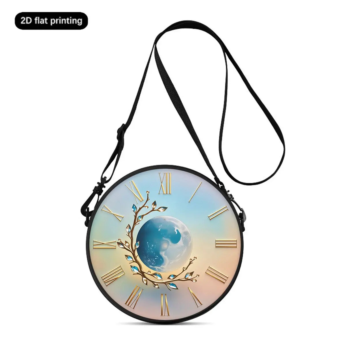 Clock Print Round Shoulder Bag Casual Messenger Bag Daily Adjustable Strap Crossbody Bag for Woman Best Gifts 2D Flat