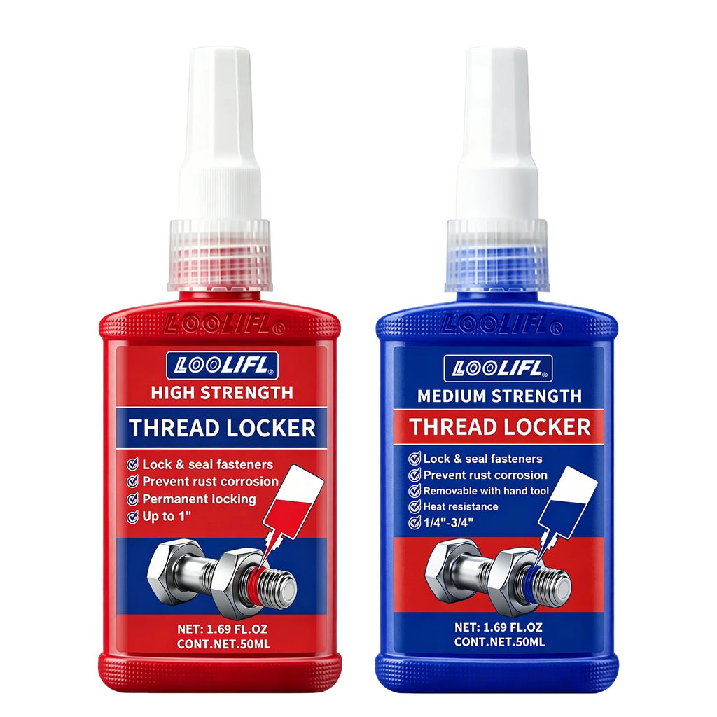 50ml Blue and red threaded locks, medium-strength threaded locks, nut, bolt, fastener, and metal threaded locks, oxygen-free curing screw adhesive to prevent loosening (blue and red)