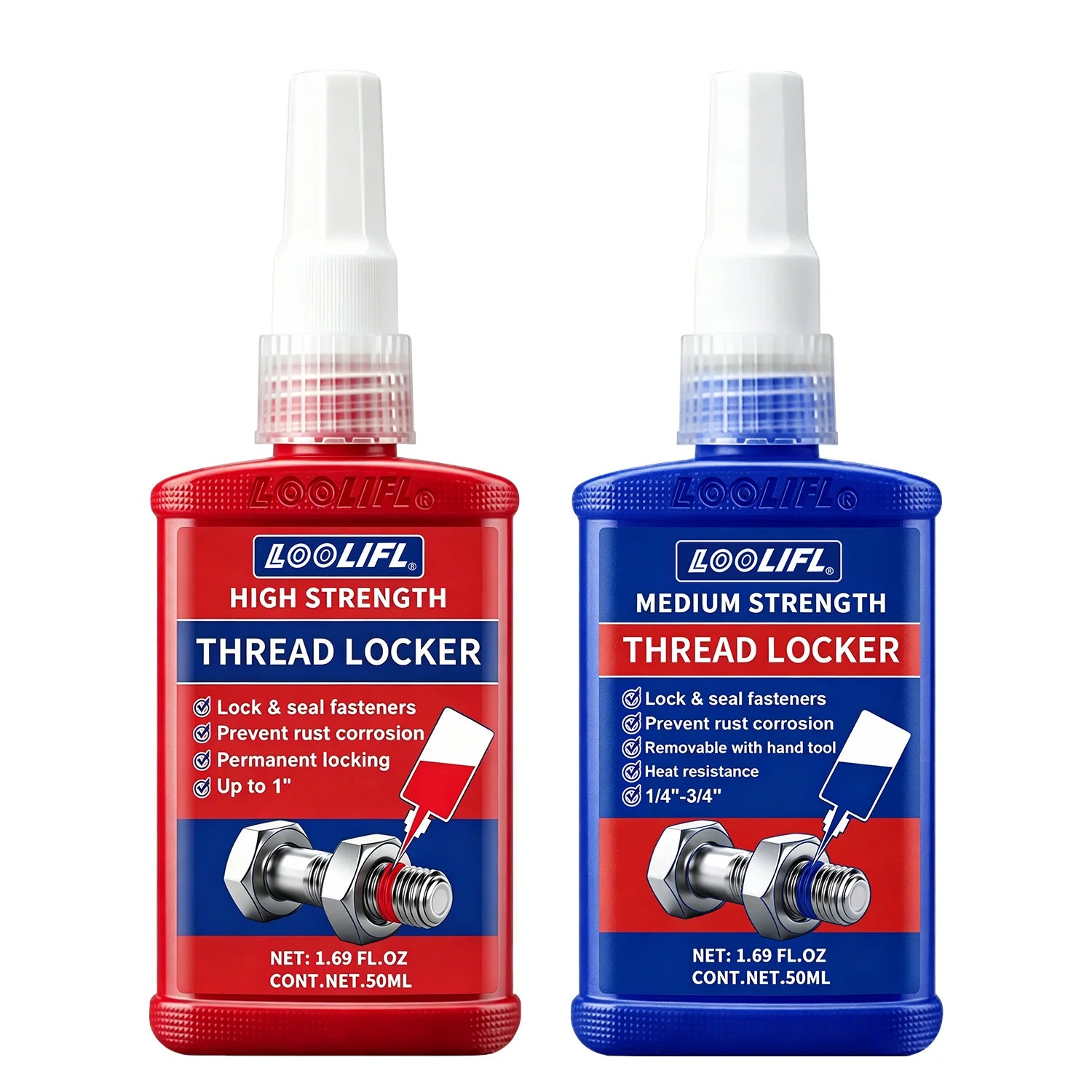 50ml Blue and red threaded locks, medium-strength threaded locks, nut, bolt, fastener, and metal threaded locks, oxygen-free curing screw adhesive to prevent loosening (blue and red)