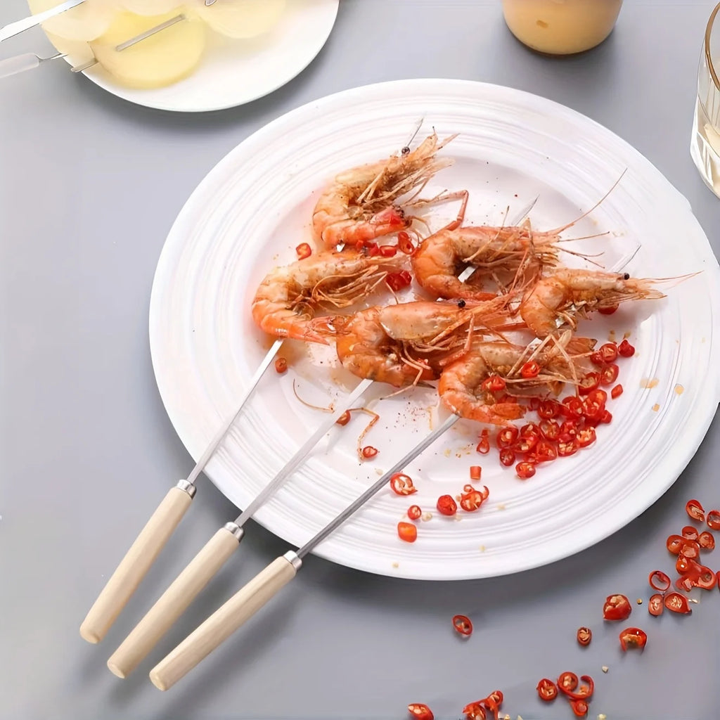 10/15/20 Flat Stainless Steel Skewers with Wooden Handles for Outdoor BBQ, Ideal for Chicken Wings Vegetables BBQ Accessories