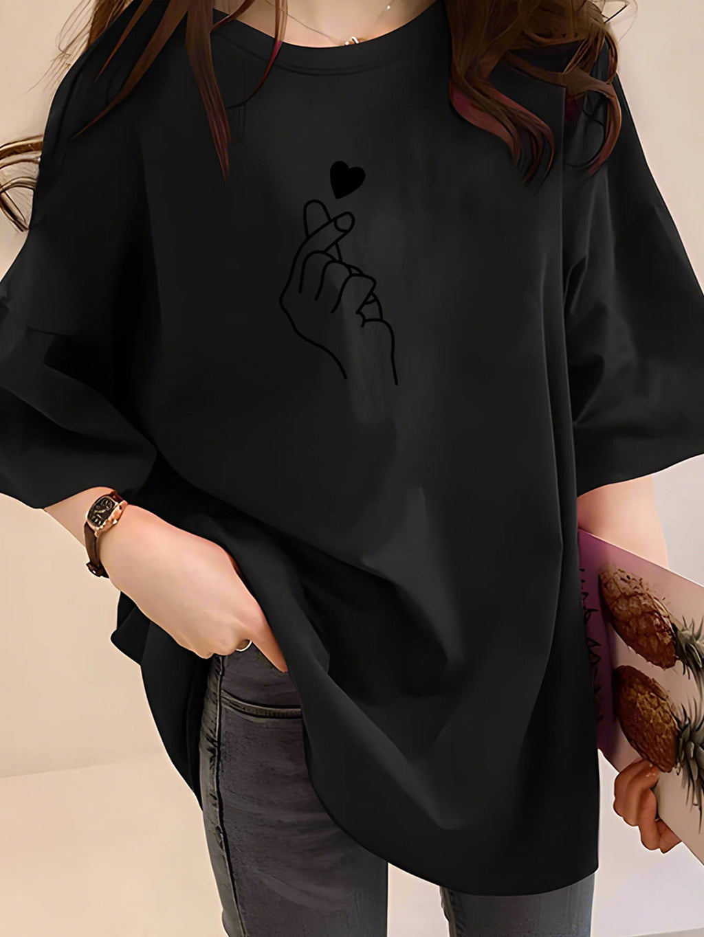 Plus Size Women's Heart Print Letter Graphic Print Fashionable Casual Sports Loose Round Neck Short Sleeved T-shirt Top