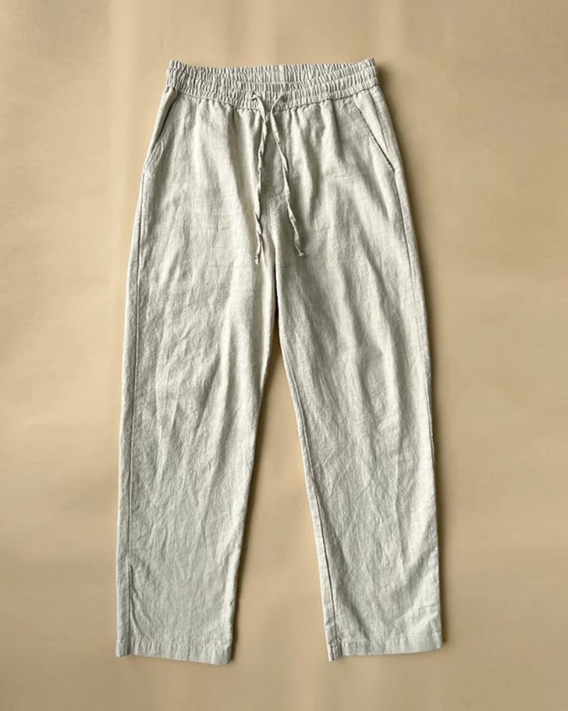 Men's Cotton Linen Solid Color Casual Pants with Elastic Waist Street Wear Jogging Loose Sports Pants