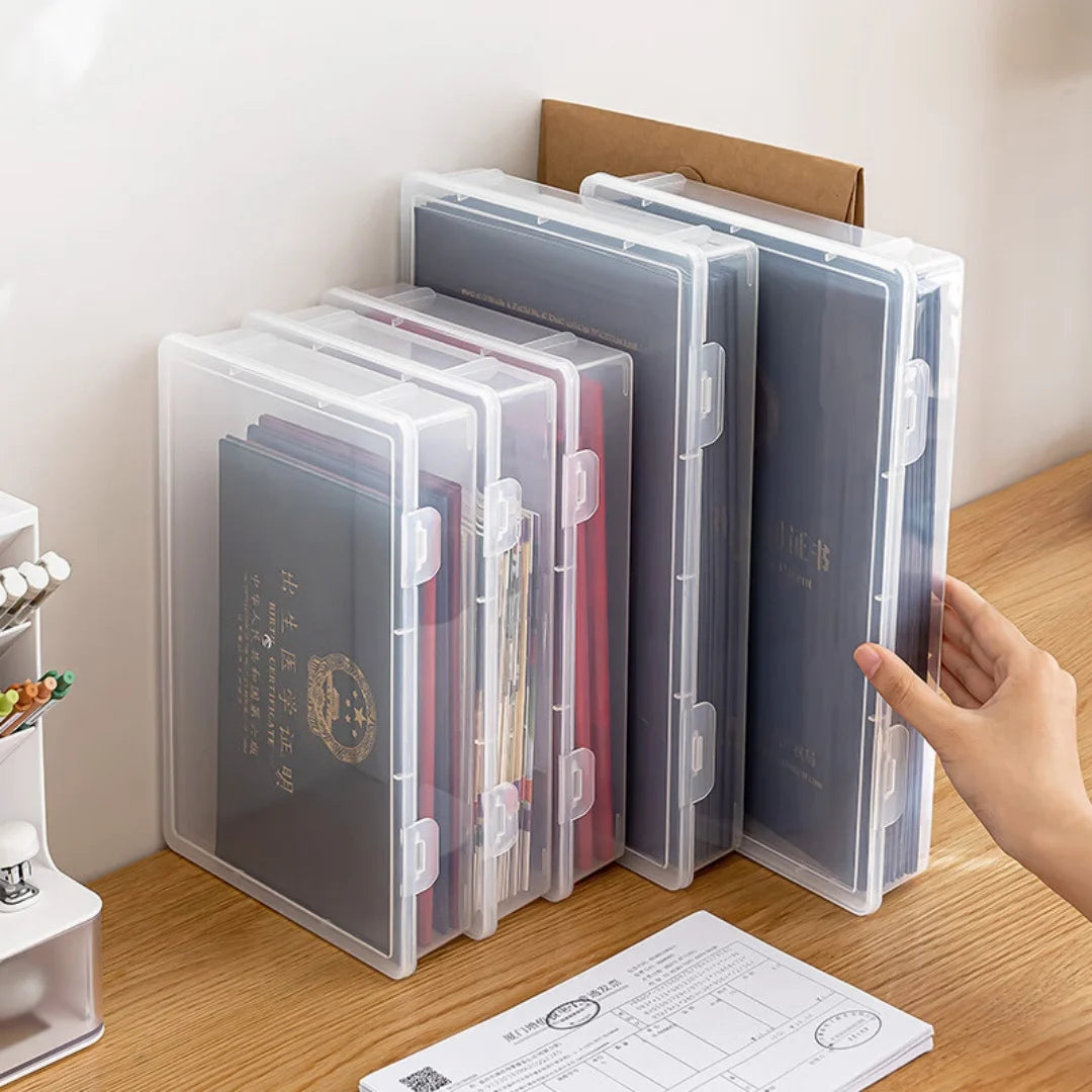Stackable Clear A4 Document Storage Box Latch Lid Plastic Desktop Organizer Home Office Certificate Paper File Protection Holder
