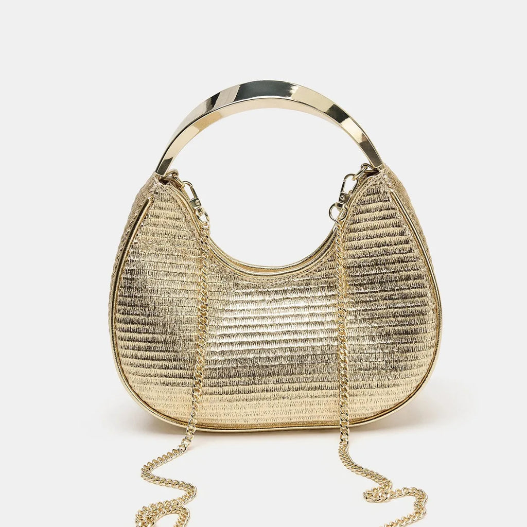 Women Luxury Golden Textured Hobo Bag Metal Top Handle Evening Clutch Bag Detachable Crossbody Chain Strap Party Wedding Handbag