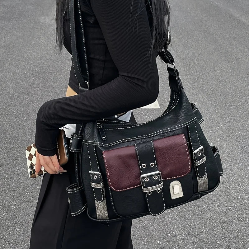 Vintage Leather Women's Bag, Y2k Spicy Girl Motorcycle Crossbody Bag, Large Capacity Contrasting Single Shoulder Bags