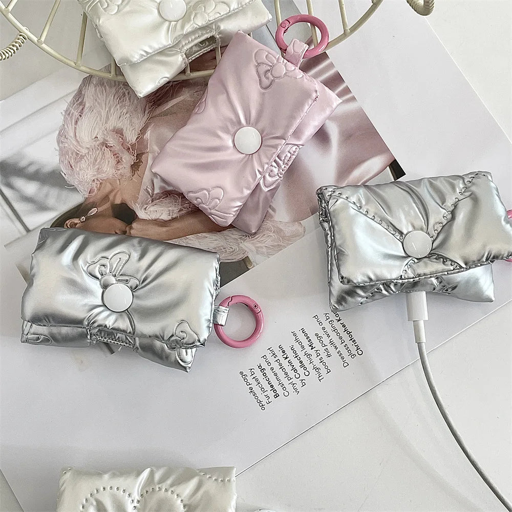 New Cute Heart Earphone Bag for Women Soft PU Leather Bow Headphone Storage Bag Silver Bluetooth Headset Earphone Case Gifts