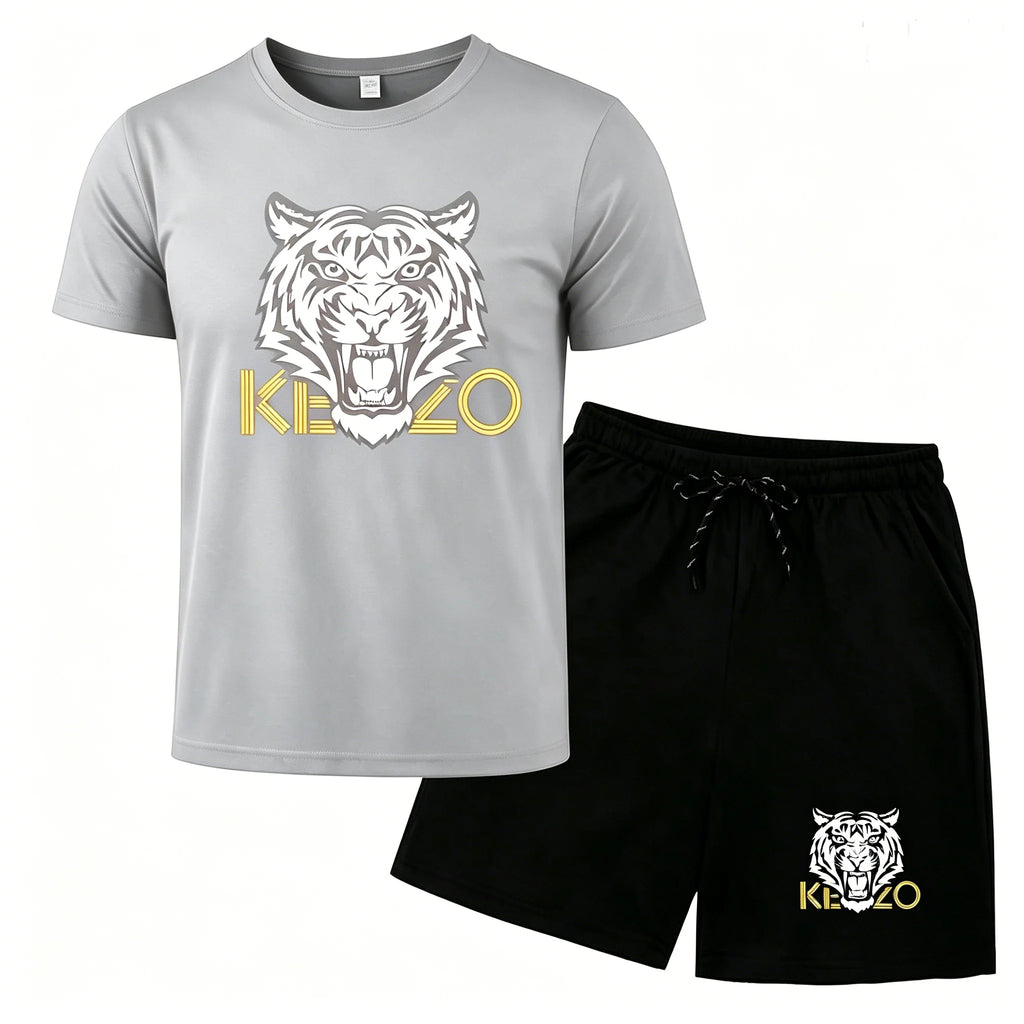 Summer new tiger head print casual suit men's short sleeved T-shirt+shorts two-piece set