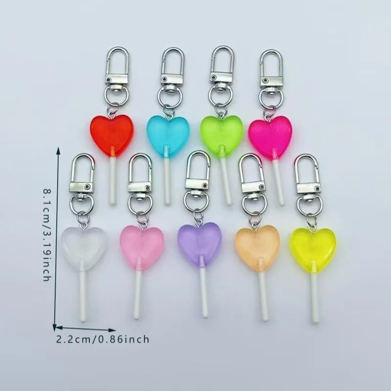 9pcs Sweet simulation color translucent resin heart-shaped lollipop keychain candy pendant bag accessories for daily girls