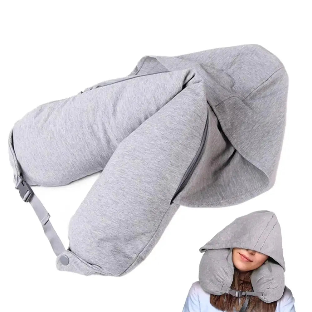 Fillable Travel Neck Pillow Neck Support with Hood Nap Pillow Adjustable with Storage Pouch Airplane Neck Pillow
