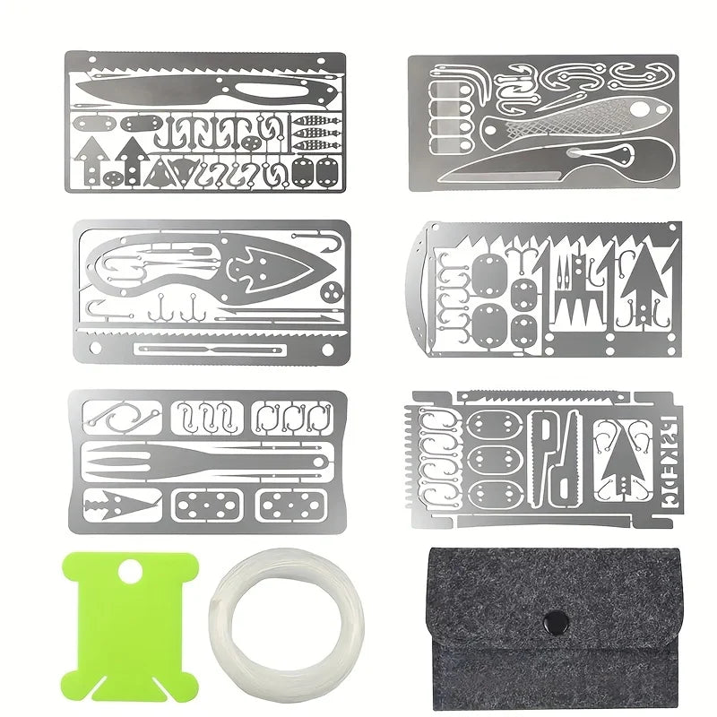 6pcs Multifunctional Fishing Tool Card Kit with Fishing Line for Outdoor Survival