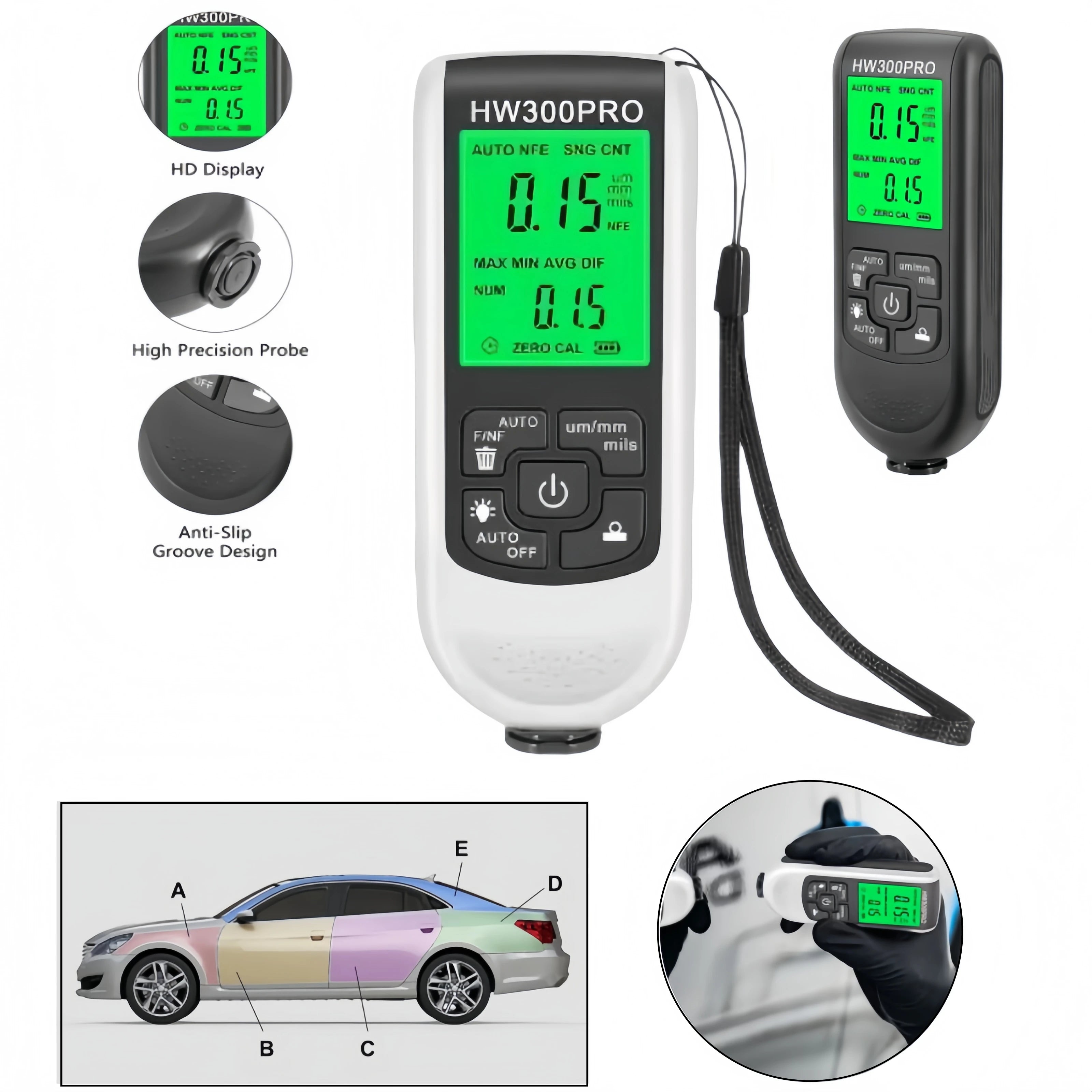 Professional Car Paint Thickness Gauge HW300PRO Automatic Digital Fe NFe Measure Automotive Film Meter Upgrade Tool