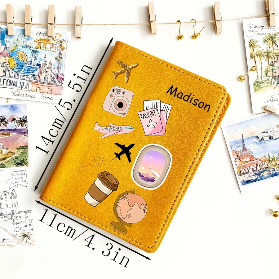 Personalized Name Text Custom PU Passport Holder, Cartoon Pattern Designed Passport Case, Faux Leather Scratch-Resistant