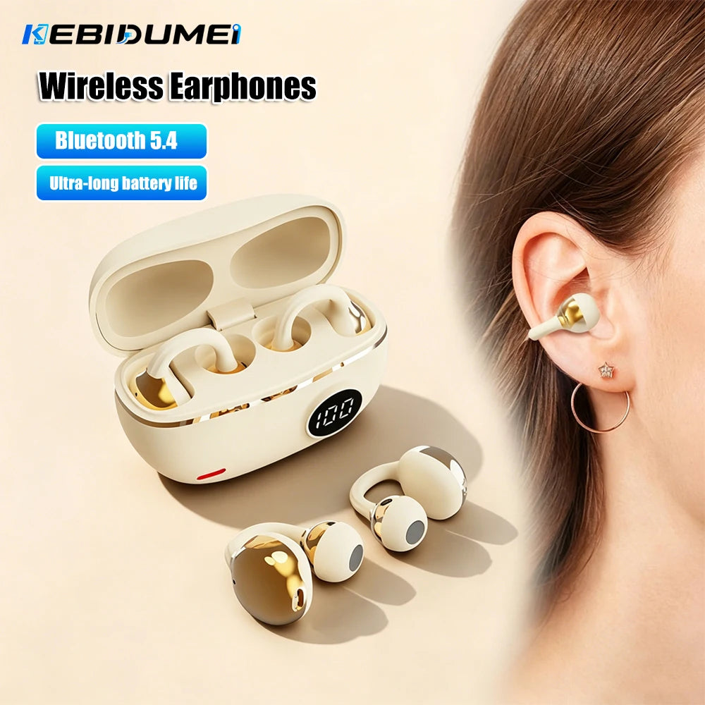 KEBIDUMEI Wireless BT5.4 Earphones IPX4 Waterproof Type-C Charging Clip Ear Design With Digital Display For Comfortable Wearing