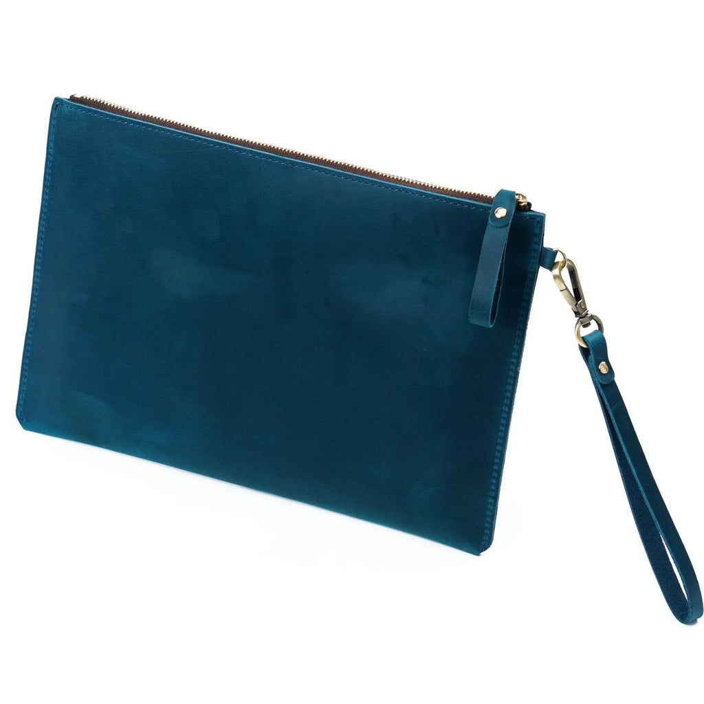 Handmade Vintage Men's Top-Grain Leather Briefcase - Medium Waxed Leather Zippered Document Organizer Clutch Bag