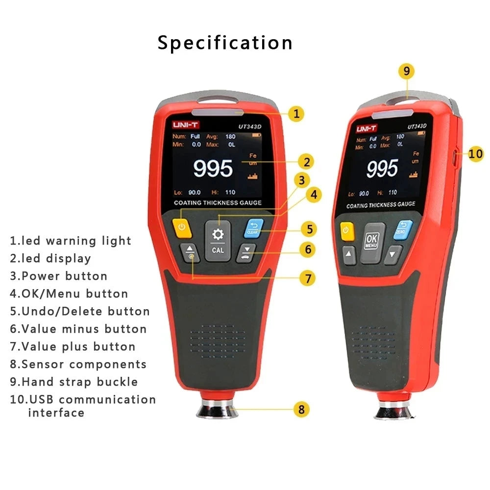 UNI-T UT343A UT343D Coating Thickness Gauge Professional Car Paint Metal Ceramic Automotive Paint Film FE NFE Thickness Tester