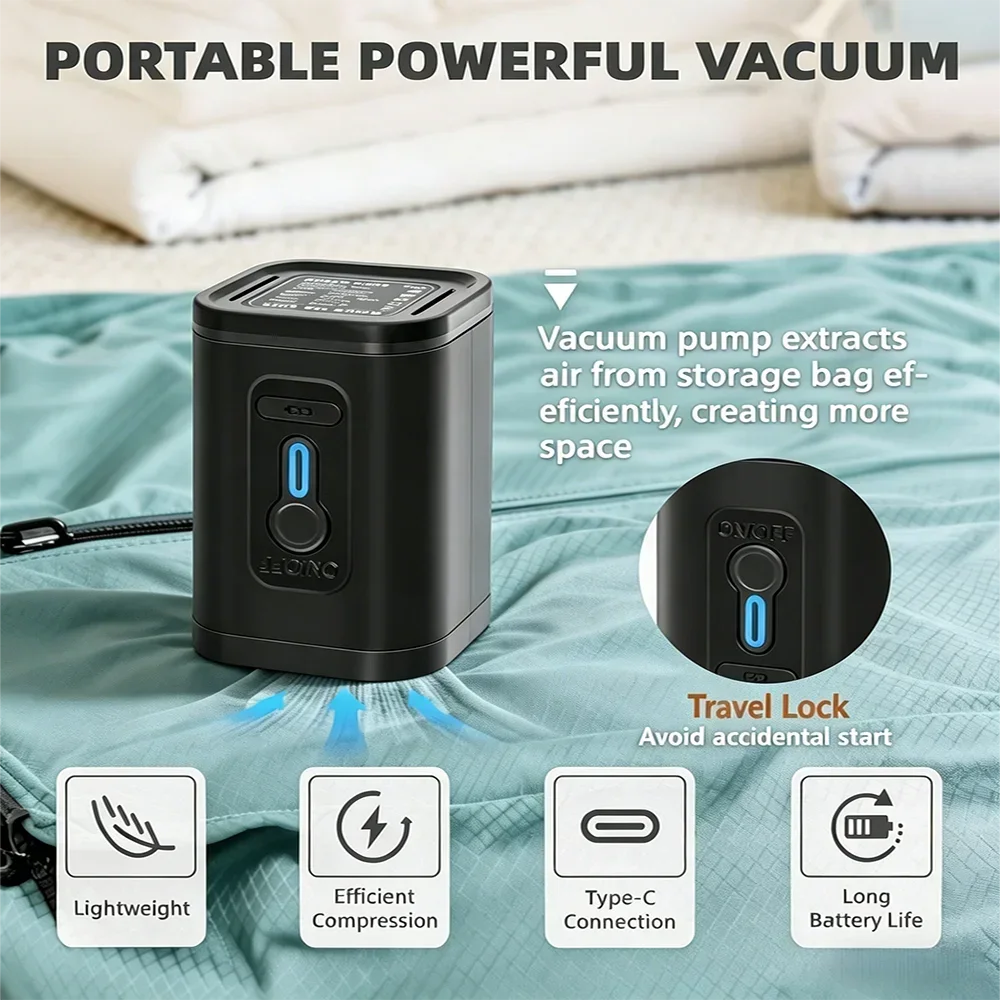 Travel Vacuum Compression Bags IP67 Waterproof PU Nylon Clothes Organizer USB Electric Pump 34L Space Saver Green Black