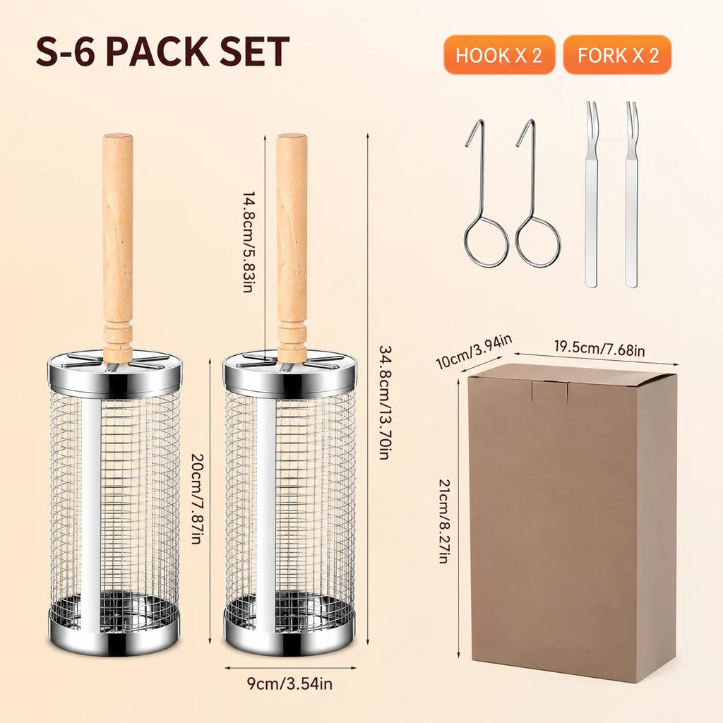 4/6/8 Pack Stainless Steel Rolling Grilling Basket Set Wooden Handle Outdoor Camping BBQ Vegetable Meat Grilling Accessories