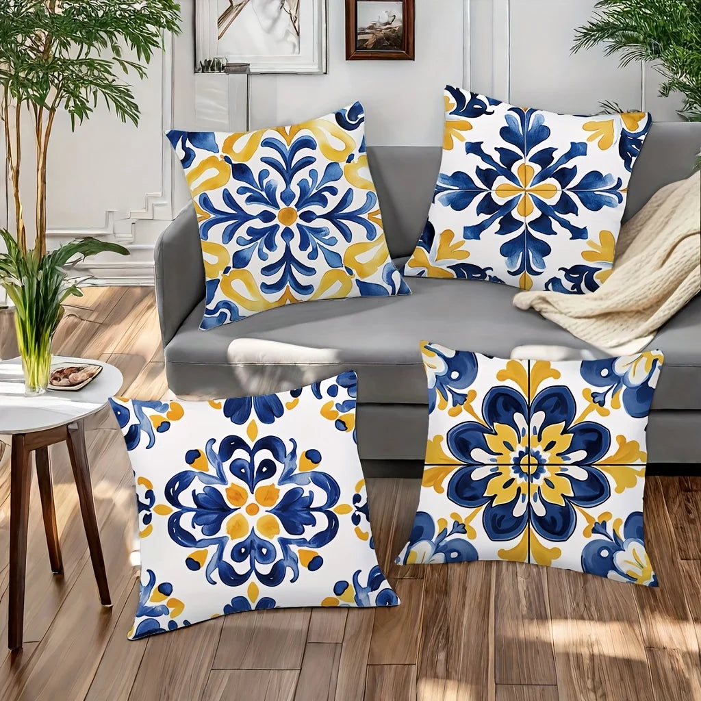 4-Piece Set, Vibrant and Intricate Blue-Yellow Tile Pattern - Inspirational Pillow Cover Decoration, Insert Not Included