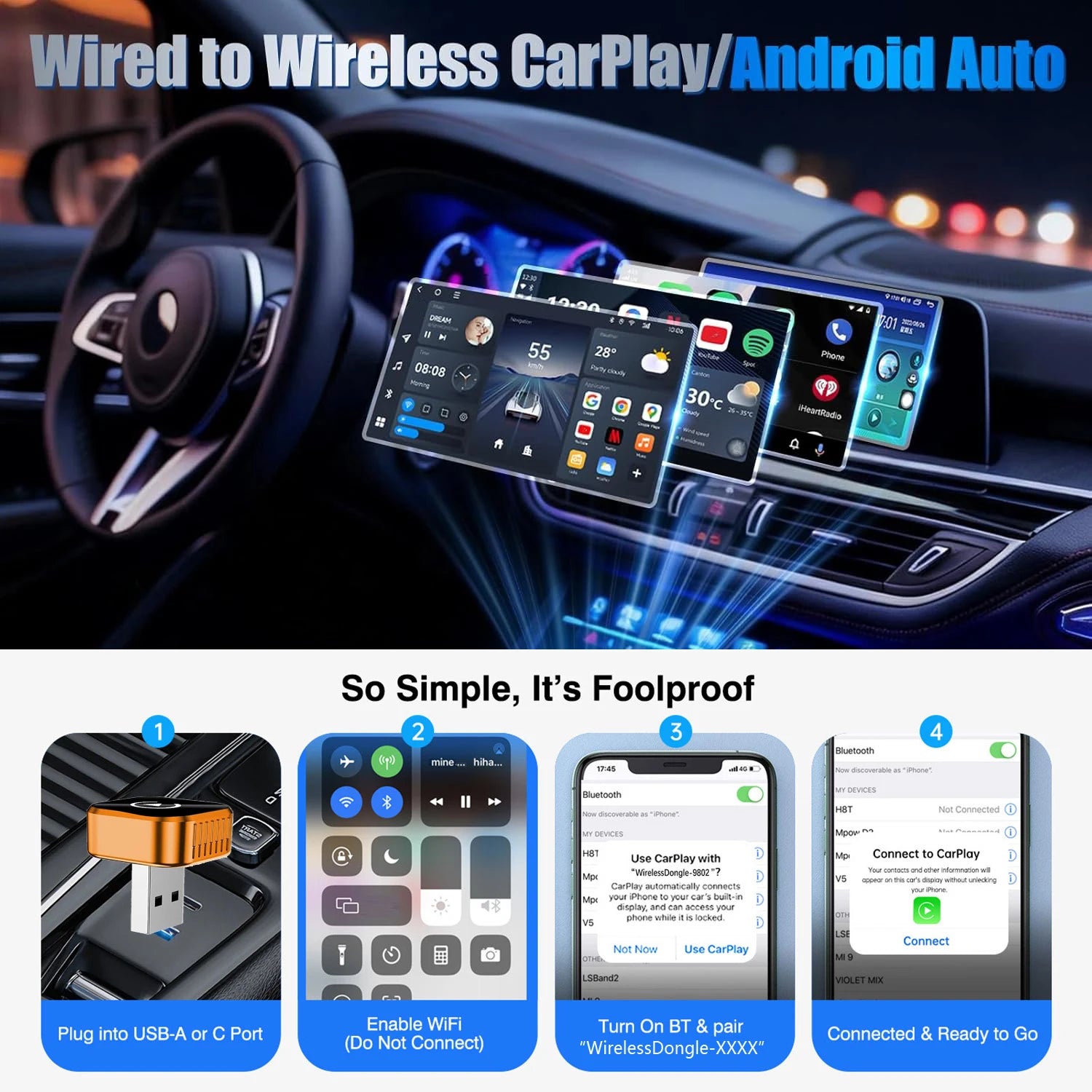 Wireless CarPlay Adapter, CarPlay & Android Auto Wireless Dongle, 5GHz WiFi, Plug & Play, for Factory Wired CarPlay Cars