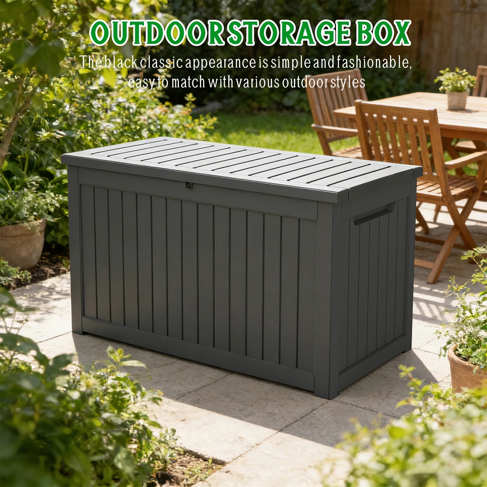 230 Gallon Heavy-Duty Resin Outdoor Storage Box, Wood Grain Patio, Garden & Pool Deck Organizer for Sports Gear, Yard Tools, Throw Pillows | Sturdy Plastic Construction, Multi-Purpose Use, Patio Storage Box, Classic Design, D