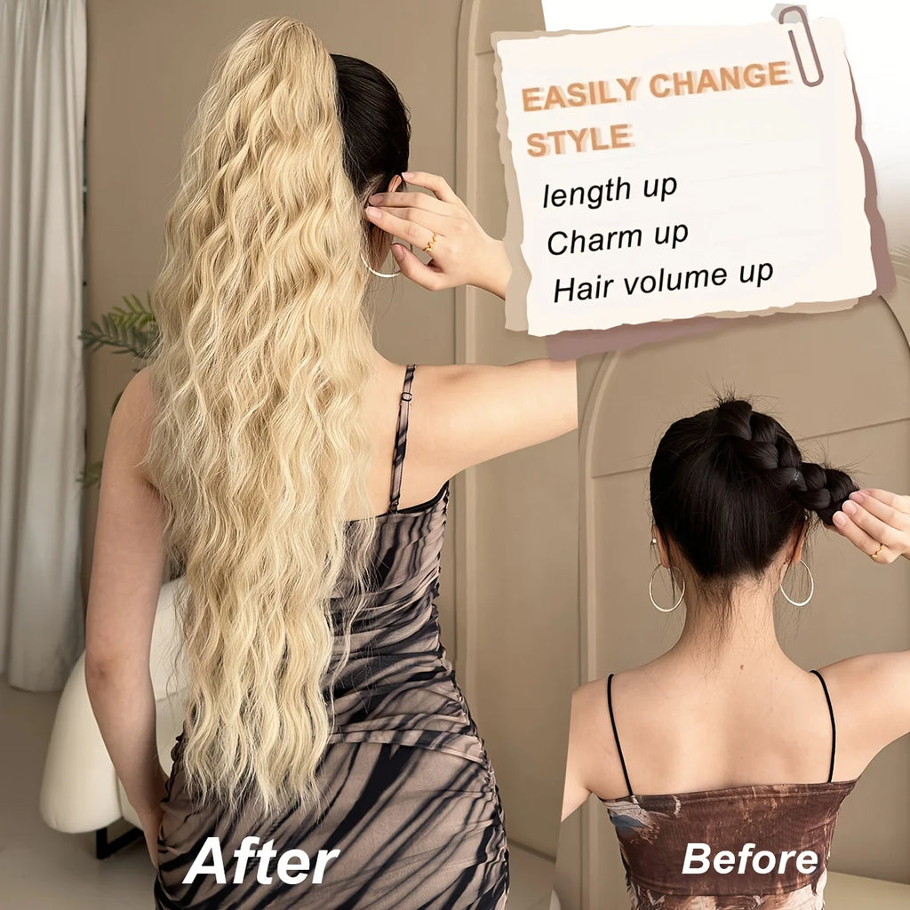 AOOSOO Synthetic Water Ponytail Hair Extension Clip On Woman's Ponytail Hair Accessories Long Curly Wig Natural Curly Black