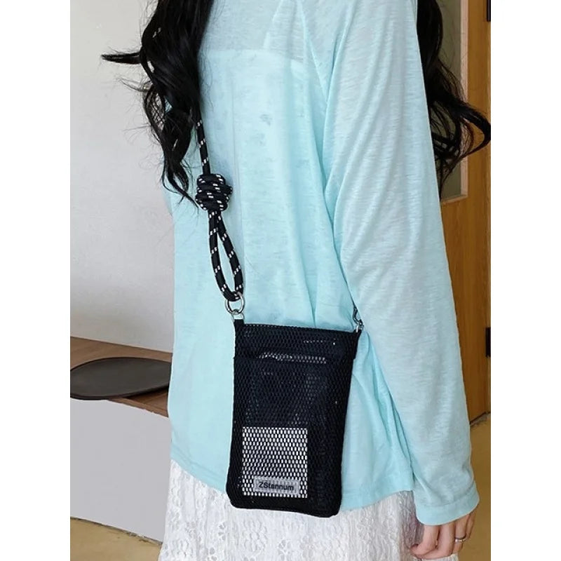Sweet and Fresh Mobile Phone Bag for Women2025New Summer Hollow Out Single Shoulder Bag Crossbody Mesh Portable Storage Bag