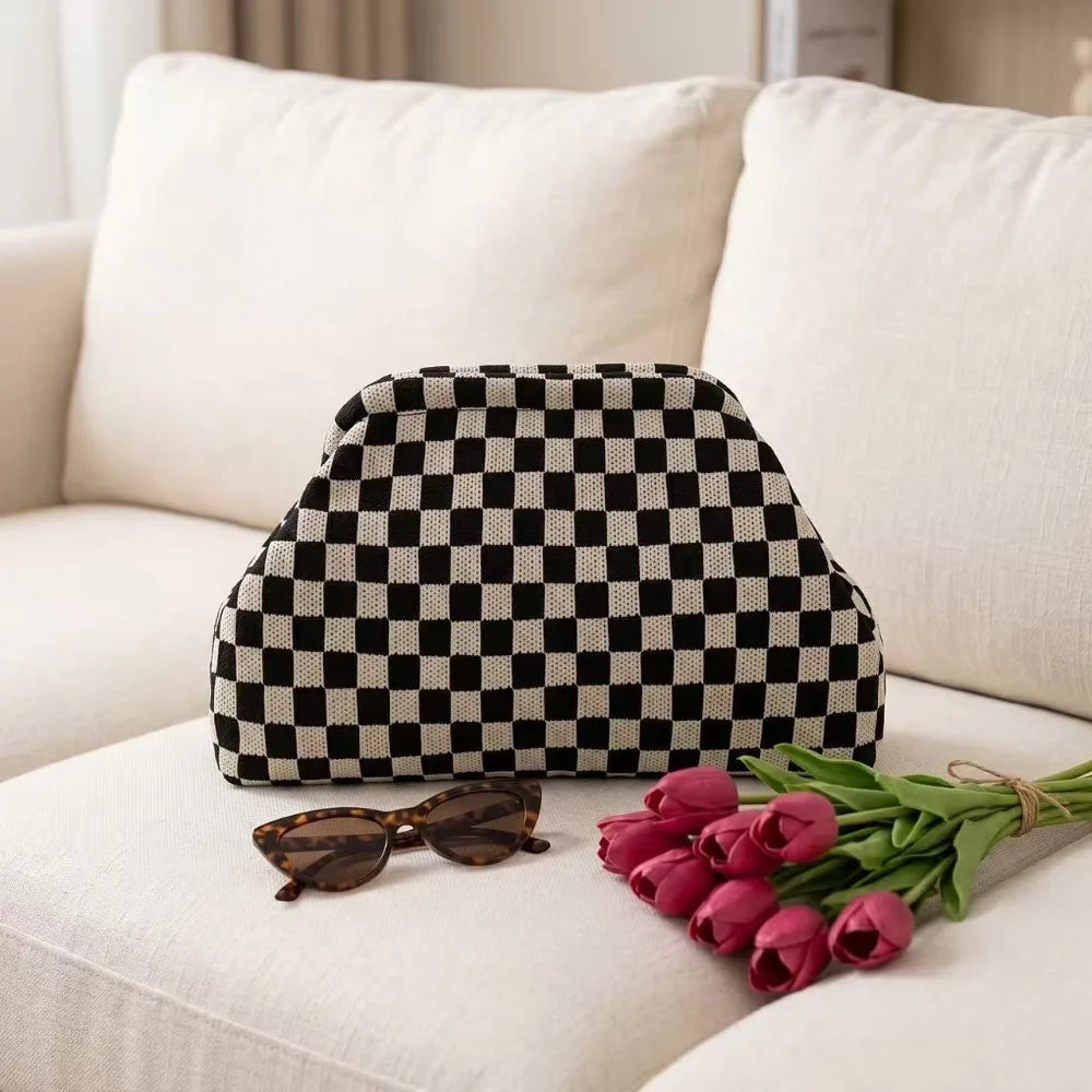 Retro checkerboard knit large-capacity multi-functional storage clutch bag