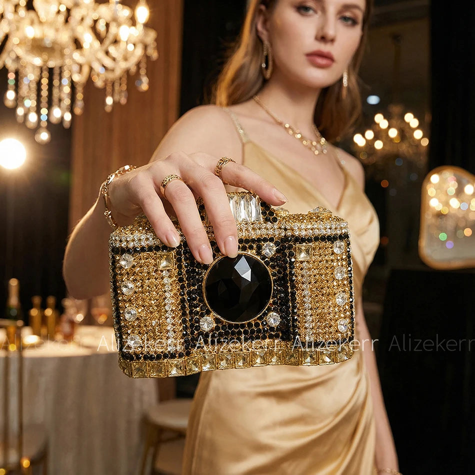 Camera Shaped Diamond Evening Clutch Bags 2024 New Boutique Novelty Metallic Rhinestone Purses And Handbags Bridal Wedding Party
