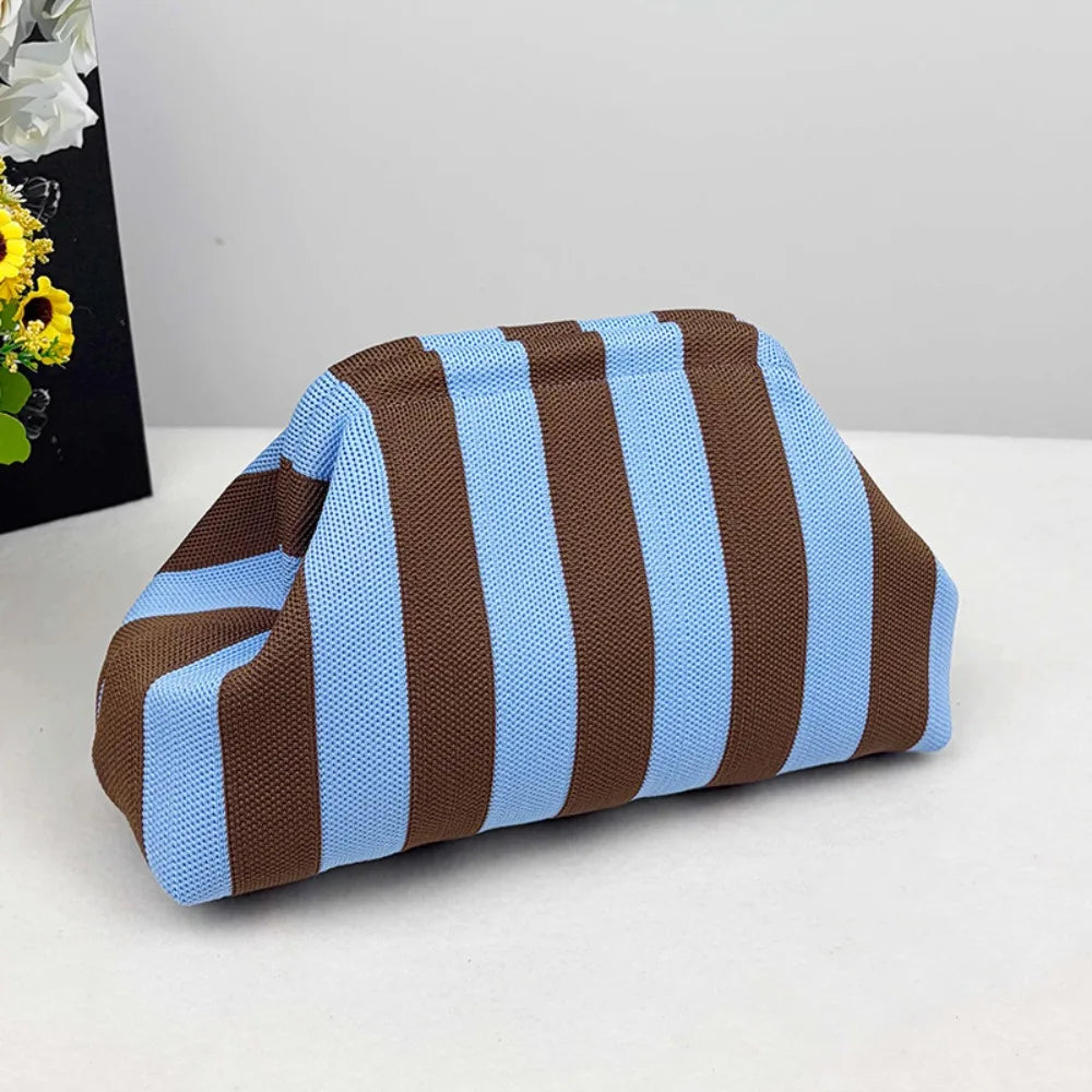 New bright-colored knit bag, thin striped fly-knit cloud, versatile elegant portable makeup bag, large-capacity handbag
