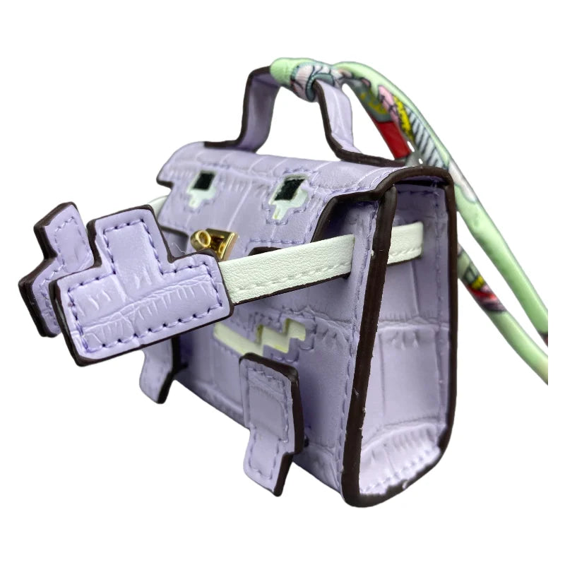 Mini Pixel Doll Bag Charm Adorable Croc-Etched PU Leather Keychain with Pouch for Earbuds & Coins Handcrafted Pastel Cutie Gift