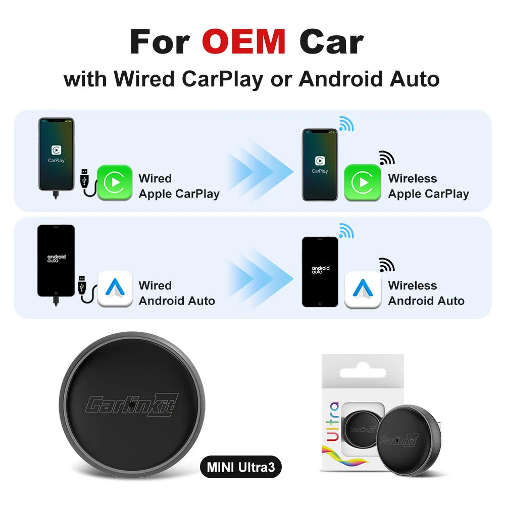 CarlinKit Mini Ultra3 Wireless Carplay Adapter Android Auto USB Dongle 5G Hz WiFi Auto Connect for OEM Car Wired to Wireless