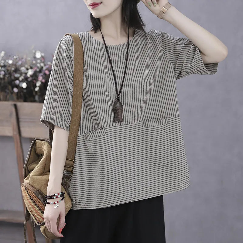 Plus Size Women's Summer Retro T-Shirt Loose Striped Thin Office Lady Fashion New Arrival Trendy Comfortable
