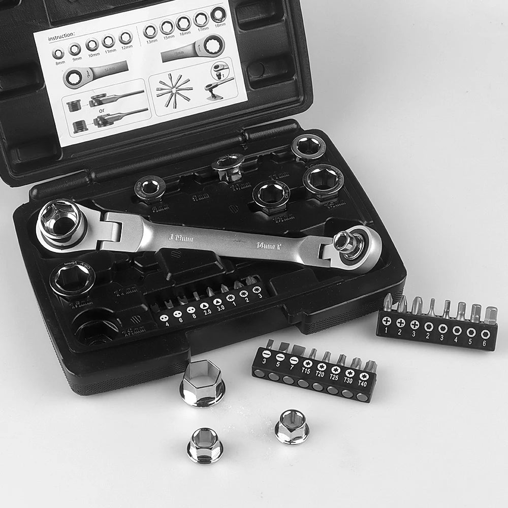 12-in-1 Flex-Head Ratcheting Wrench Set & 24-in-1 Screwdriver Set, Double Box End Wrench 8-19mm,1/4" Drive Adapter,with Tool Box