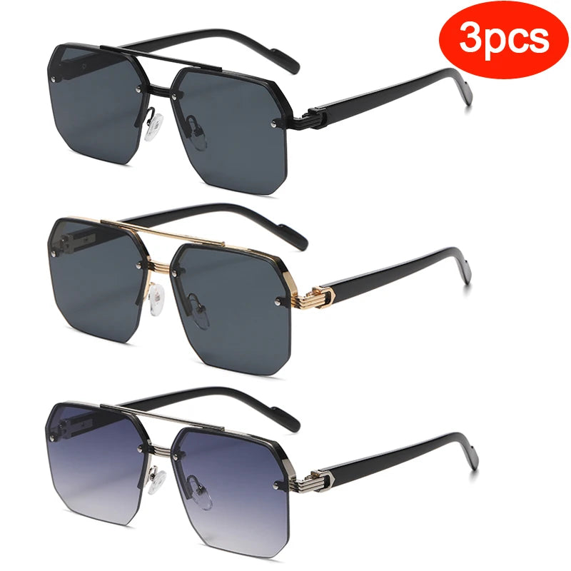 Hiking 3pcs Polygon Half-Frame Anti Light Glasses Fashion Metal Men Large Frame Shades Female Male Gradient Traveling Eyewear