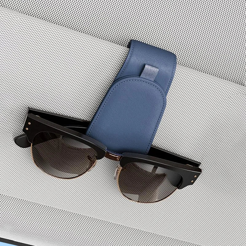Premium Car Sun Visor Sunglasses Holder Leather Glasses Case Auto Interior Organizer Ticket Card Clip One-Hand Operation Mount