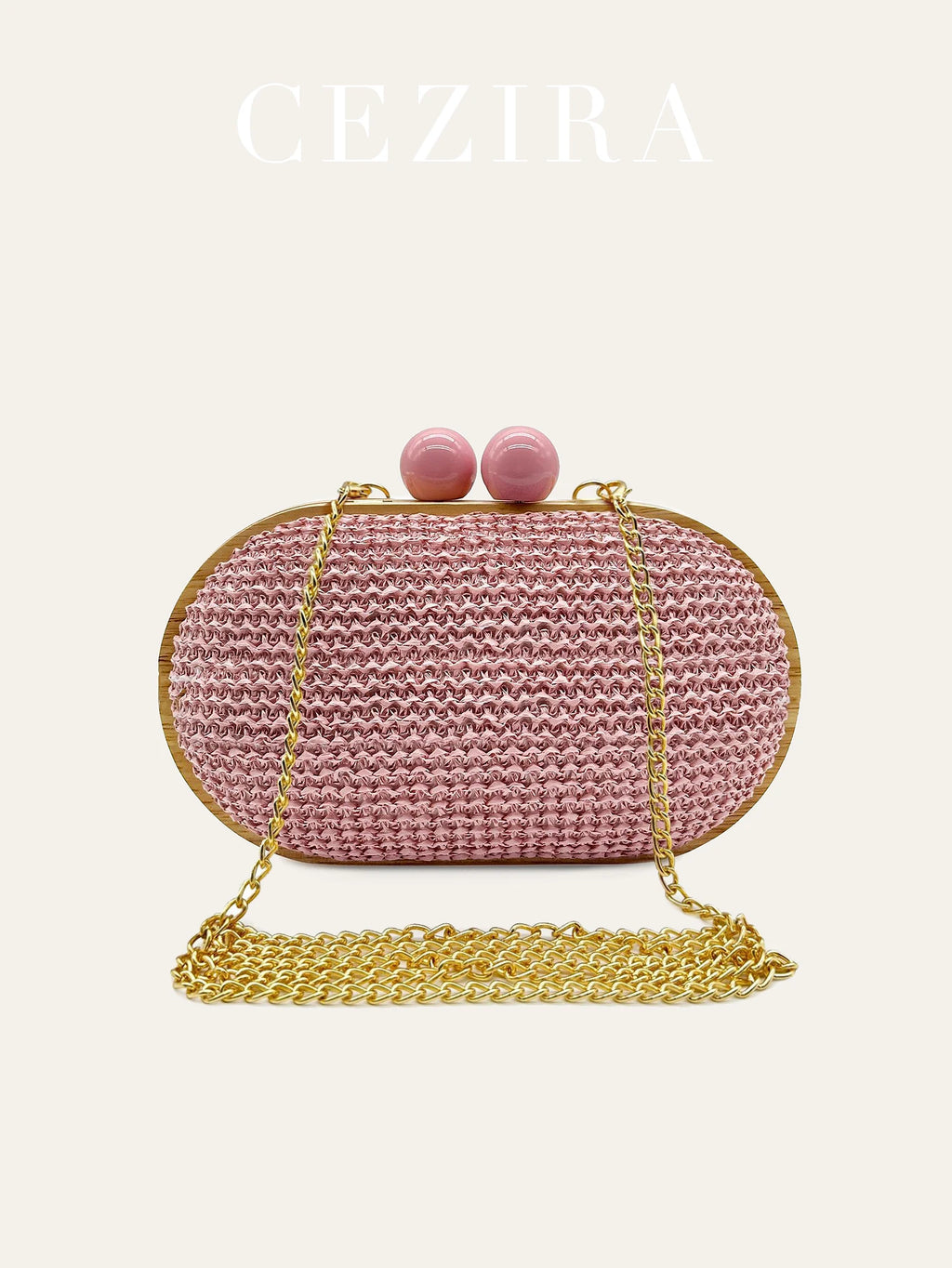 CEZIRA Women's Fashionable Straw Woven Clutch Wooden Frame Clip Closure Evening Bag Hard-case Long Chain Handbag Purse Holiday