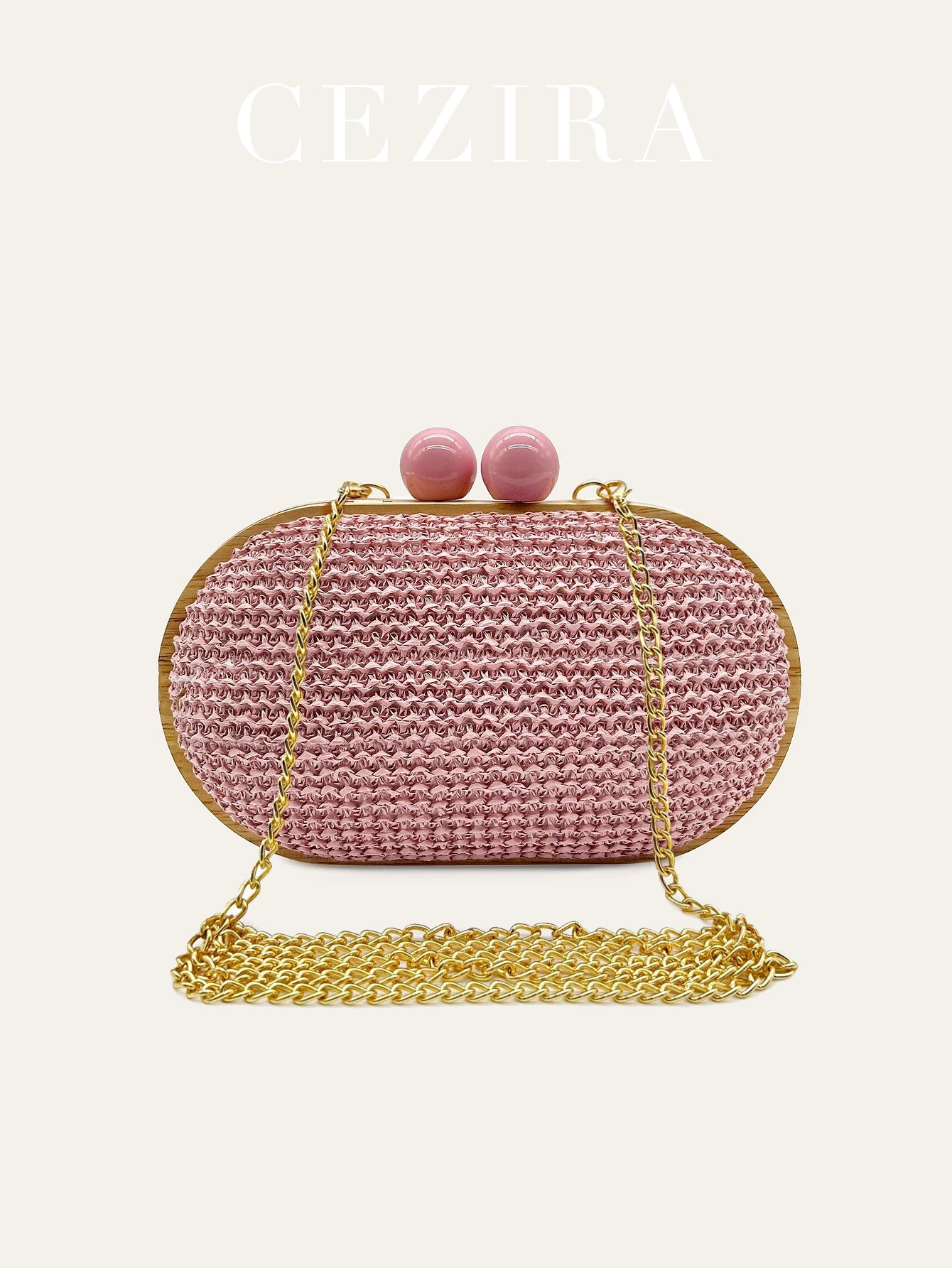 CEZIRA Women's Fashionable Straw Woven Clutch Wooden Frame Clip Closure Evening Bag Hard-case Long Chain Handbag Purse Holiday