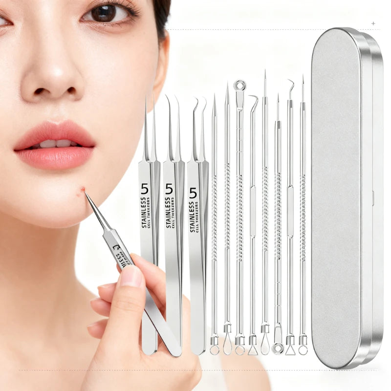 11pcs Stainless Steel acne needle Blackhead And Pimple Removal Tool,Professional Extractor Kit With Portable Case,Beauty Tools