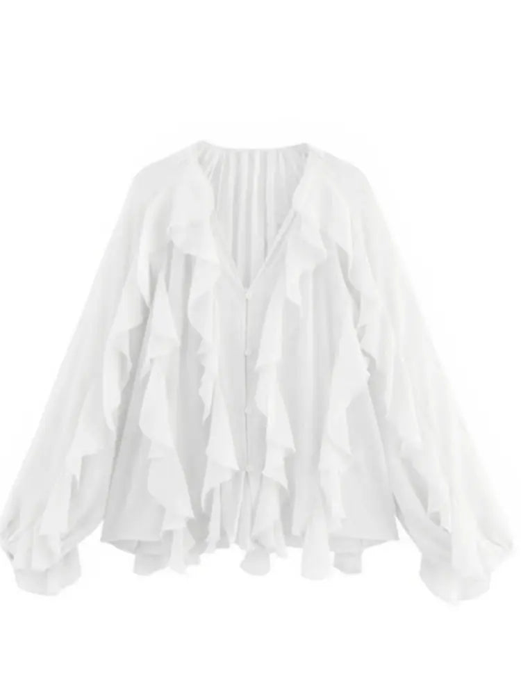 2026 Summer Chic Women's Elegant Loose Long Sleeve Layered Shirts Office Lady Vintage V-neck Translucent Tierred Ruffles Blouses