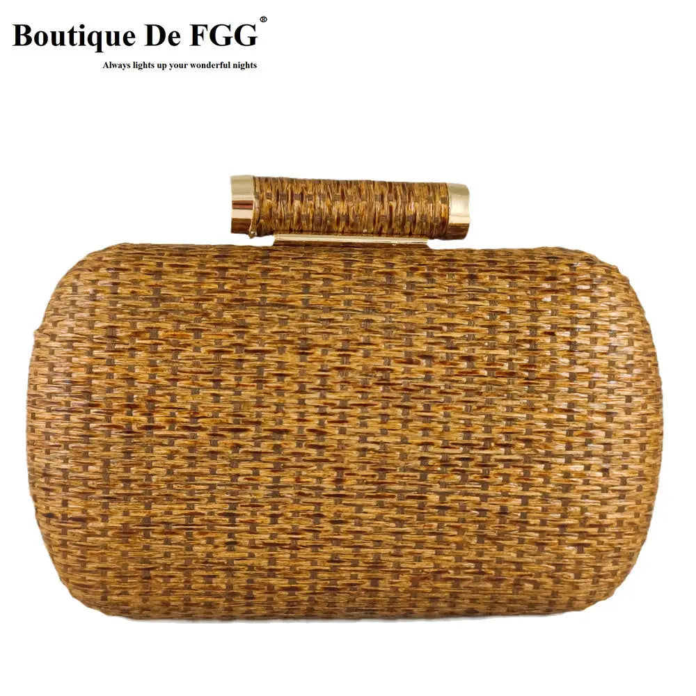 Boutique De FGG Straw Women Metal Clutches Chain Shoulder and Crossbody Bags Ladies Party Cockatail Evening Beach Clutch Purse