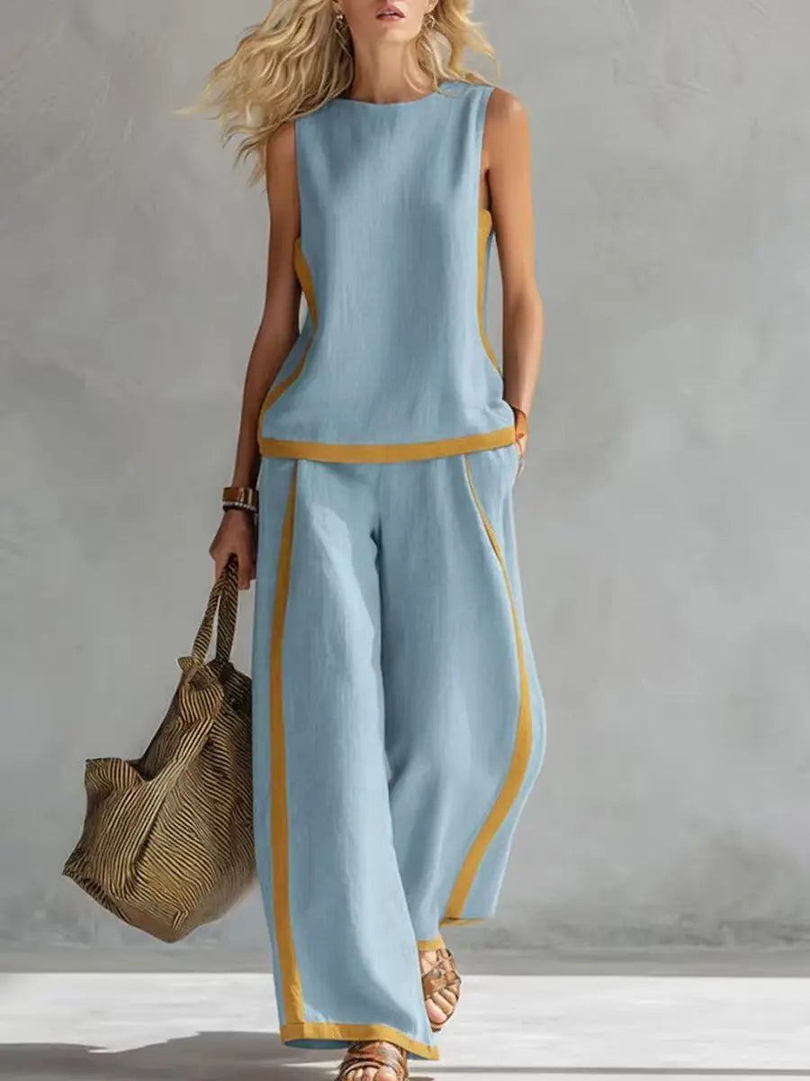 Simple Stripe Print Women's Suits Summer Fashion Sleeveless Loose Blouse Wide Leg Pants Two Piece Set For Women Casual Outfits