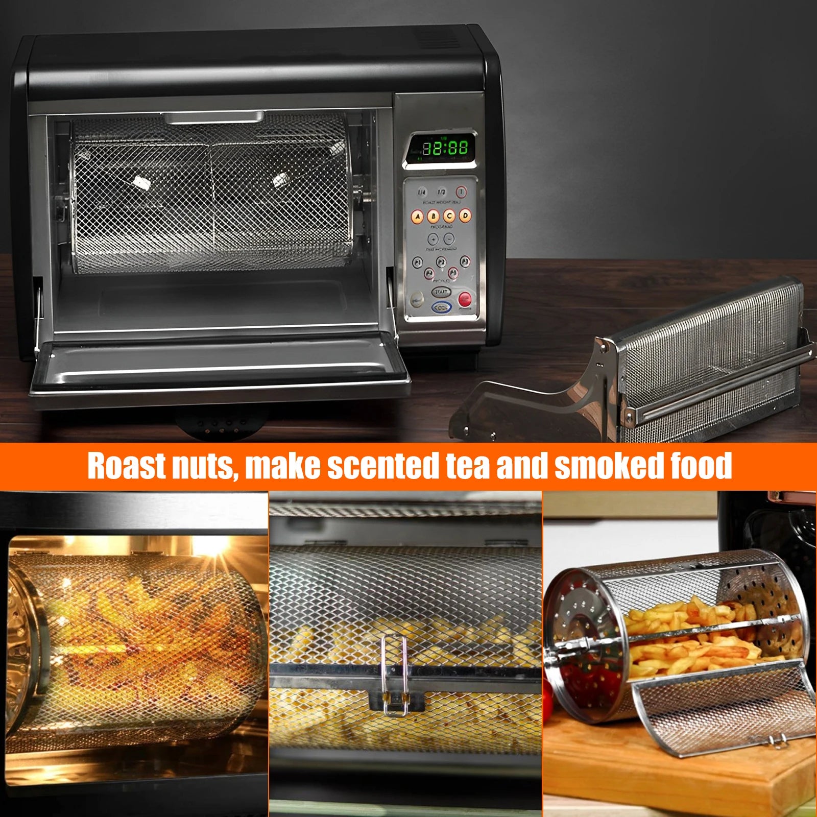 Rotisserie Basket Stainless Steel Grill Basket Oven 360° Rotating Grill Drum Cage Nut Coffee Bean Grill Basket Air Fryer Gadget