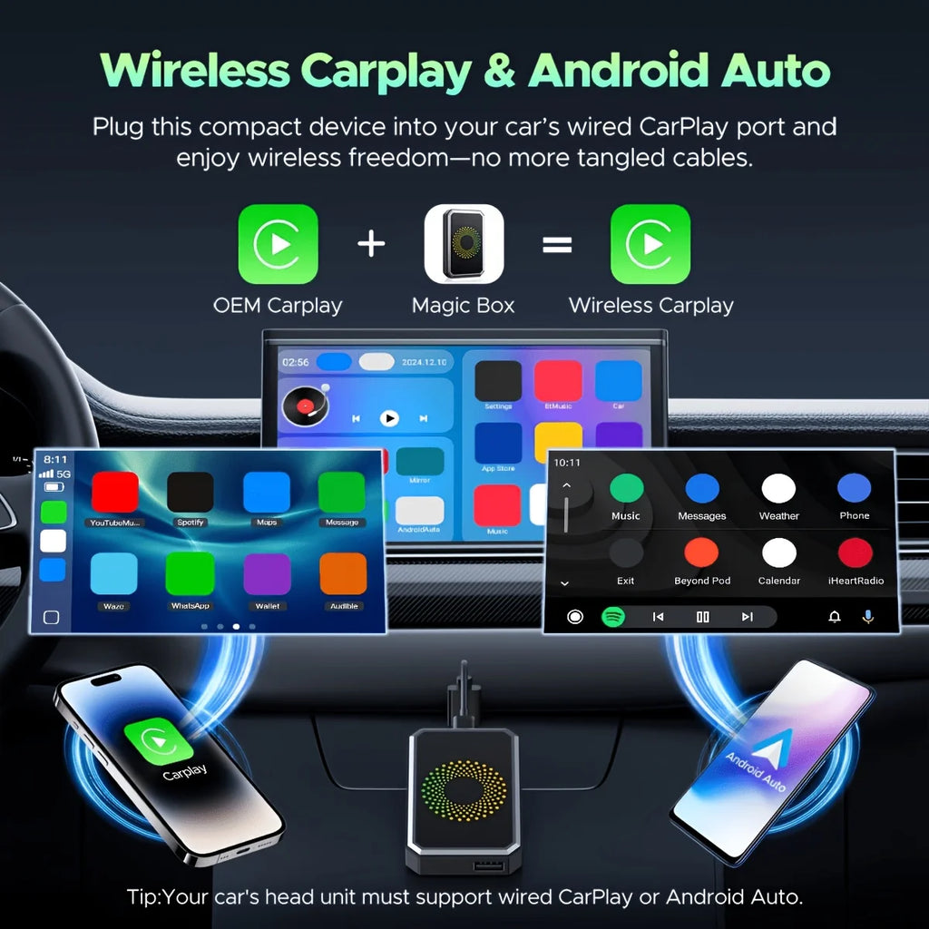 The 3-in-1 Magic Media Box Supports Netflix ,YouTube Streaming. It Comes With a Wireless CarPlay Adapter And a USB Port, And is Compatible With Vehicles Equipped With Factory-installed Wired Apple CarPlay and Android Auto Sys