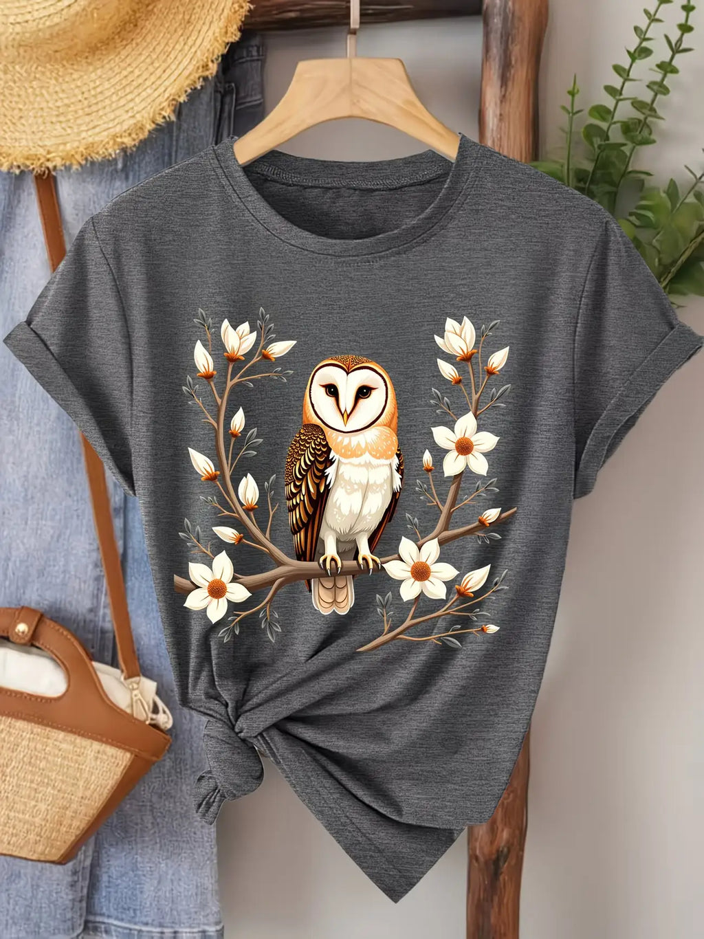 Plus size women's short sleeve T-shirt Owl On Flower Branch breathable fabric summer outfits women's clothing