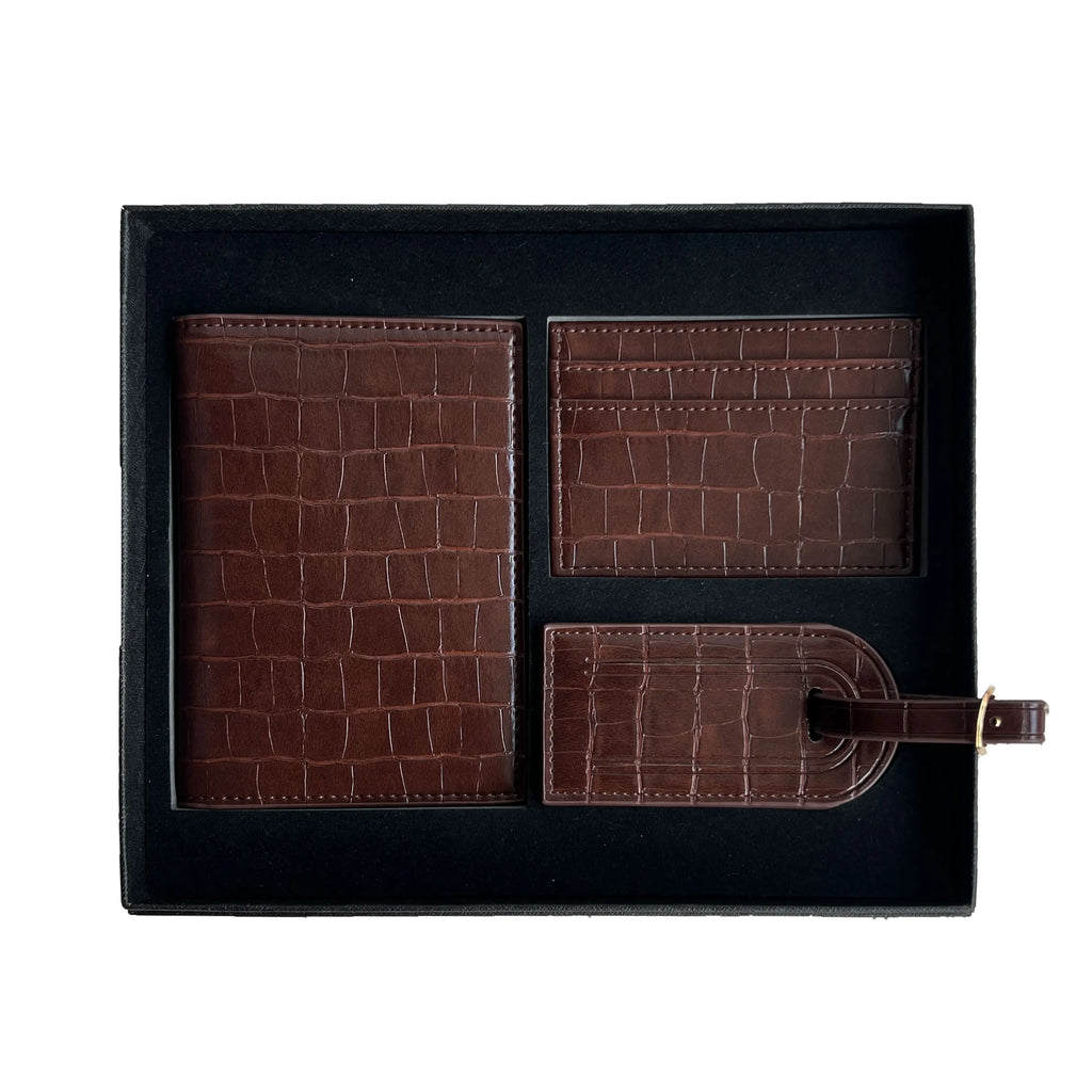 Free Custom Name Initial Gift Box Set Crocodile Leather Passport Cover  Luggage Tag Cardholder Travel Accessories