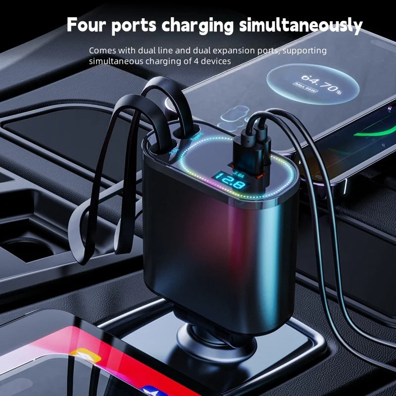 4 IN 1 Retractable Car Charger Dual USB Type-C PD Retractable Cable For  Samsung Fast Charging Cord Cigarette Lighter Adapter