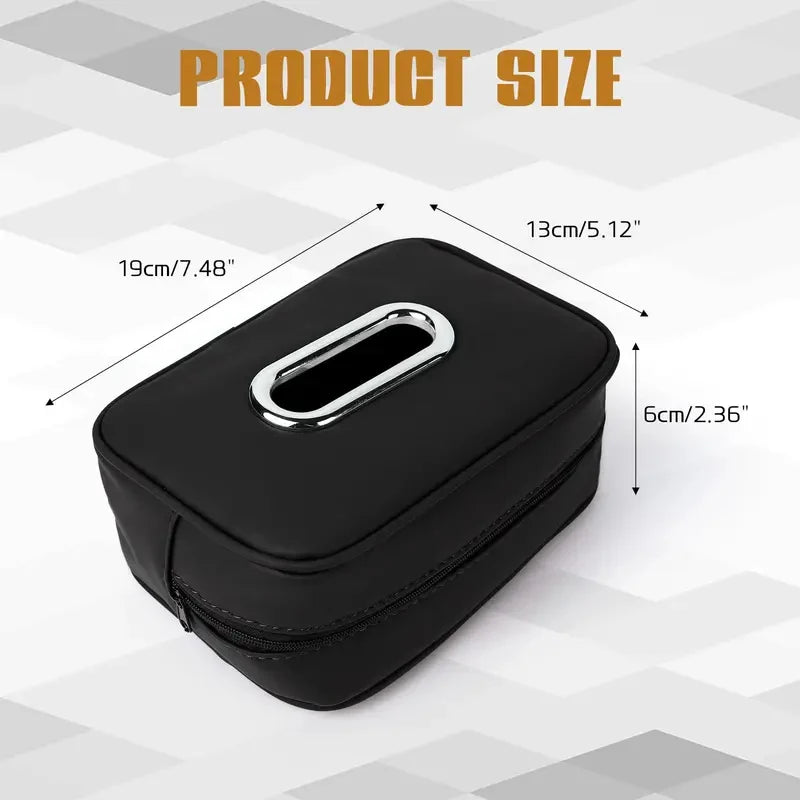 Universal Black Leather Car Tissue Bag with Chrome Metal Opening Hanging Headrest Napkin Box Cover
