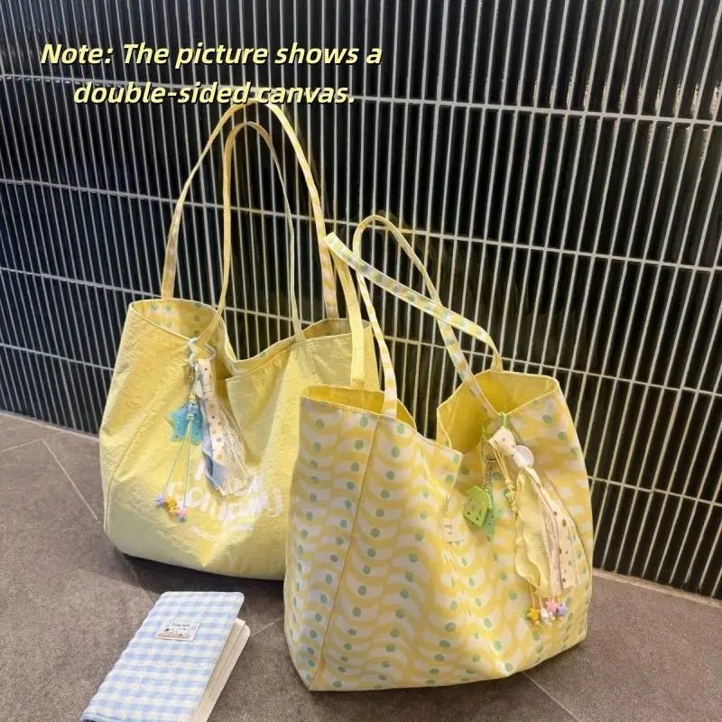 1PCS Korean Style Reversible Canvas Tote Bag Large Capacity Casual Shoulder Bags For Women Student Work Gift Shopping Bags