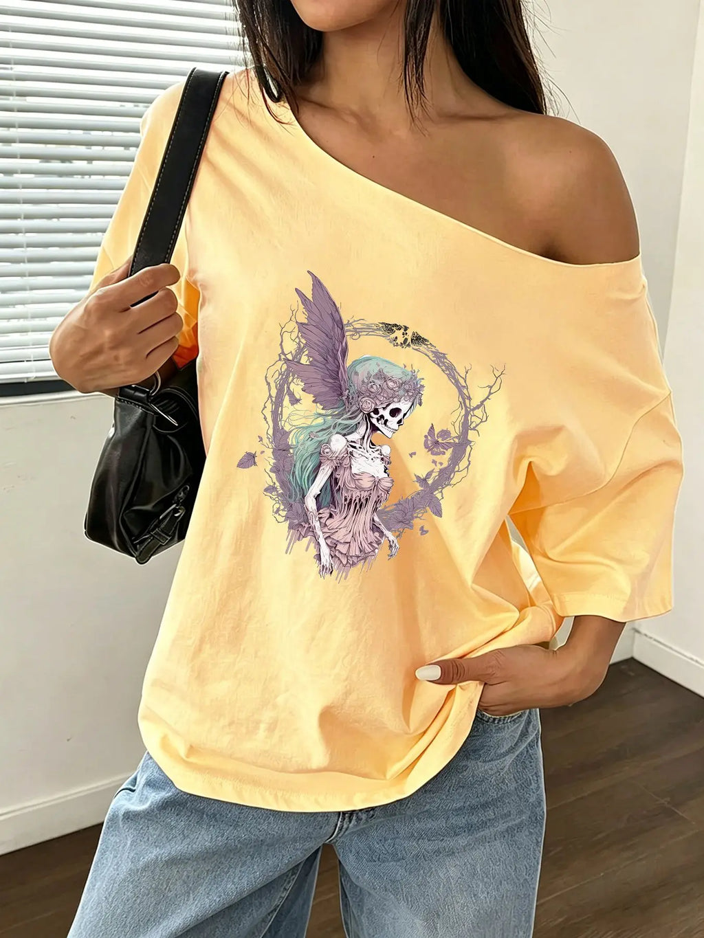 100% Cotton Plus Size Fairy Skeleton Floral Shoulder Loose Print T-Shirt Oversized Y2K Style Graphic Tees Women Tops Summer O